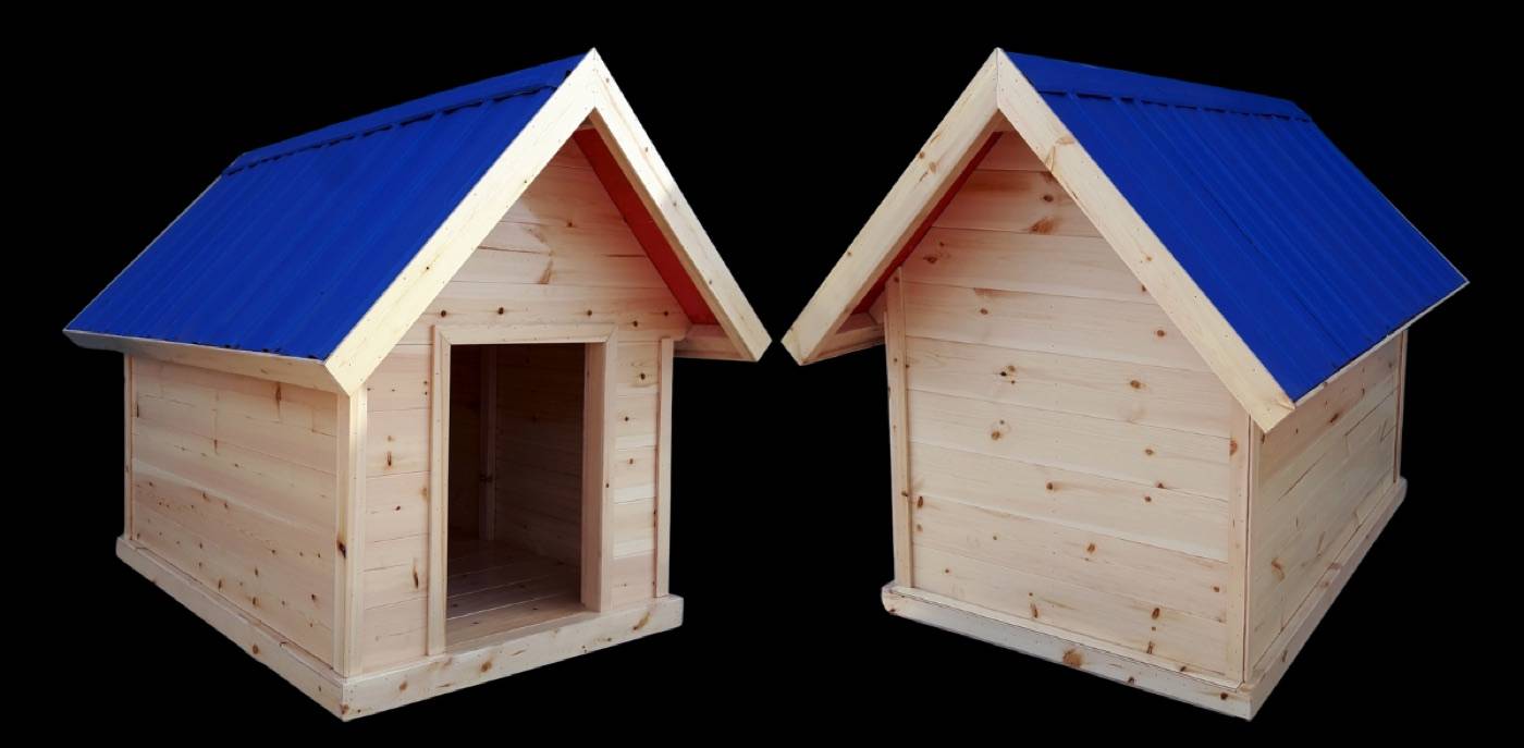 Two insulated wooden dog houses with blue roofs